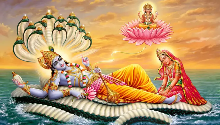 Lord Vishnu with conch, discus, mace and lotus